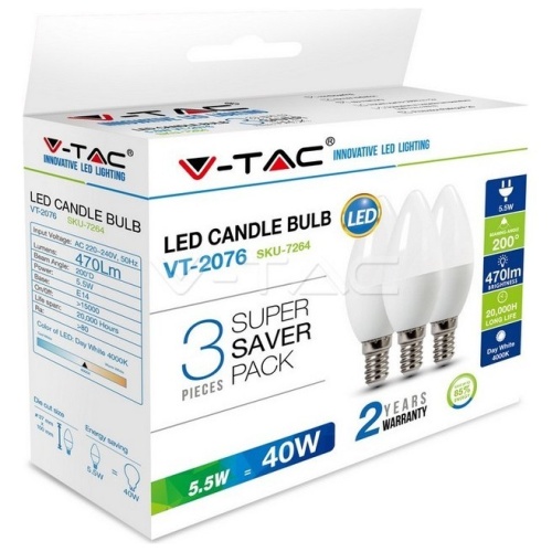 LED V-TAC Λάμπα E14 5.5W Κεράκι Πακέτο των 3 Τεμαχίων Θερμό Λευκό 7263