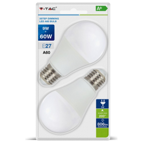 V-TAC Λάμπα LED E27 9W A60 dimmable 3 βημάτων φυσικό λευκό συσκευασία blister 2 τμχ. SKU: 7289