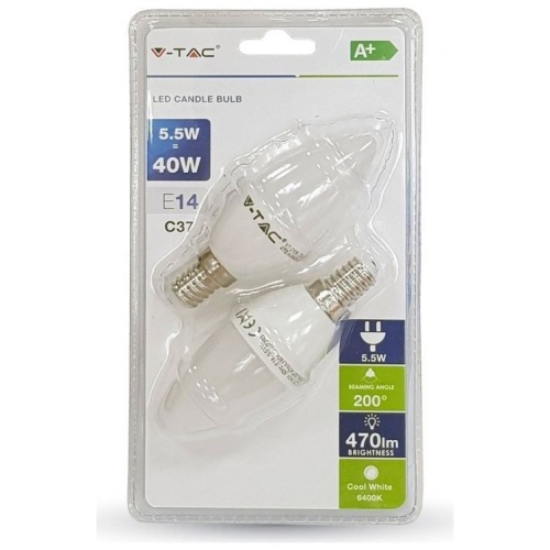 LED V-TAC Λάμπα E14 5.5W Κεράκι Blister των 2 Τεμαχίων Ψυχρό Λευκό 7293