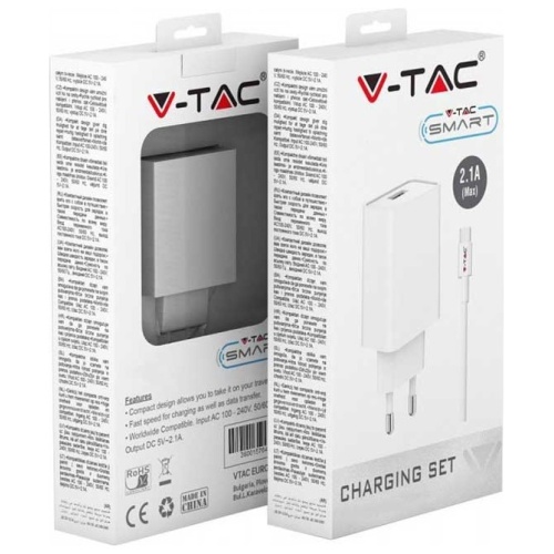 V-TAC Φορτιστής Ταξιδίου με Καλώδιο Type C USB Λευκός 8647