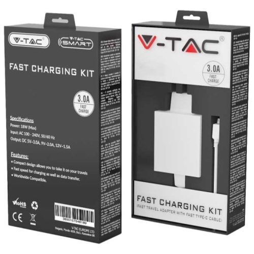 V-TAC Φορτιστής Ταξιδίου Ταχείας Φόρτισης με Καλώδιο micro USB Λευκός 8641