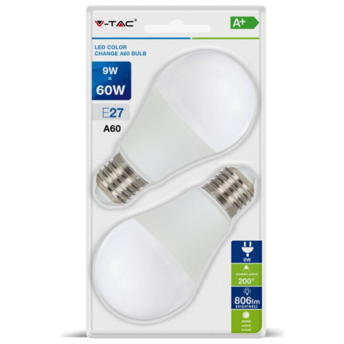 V-Tac Λάμπα LED  E27 9W A60 Εναλλαγής Χρώματος Θερμό/Φυσικό/Ψυχρό Συσκευασία Blister 2 Τμχ 7309