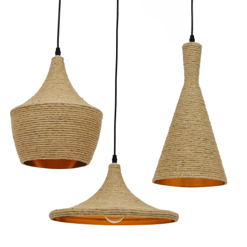 GLOBOSTAR® SHANGHAI ROPE 00875 Μοντέρνό Κρεμαστό Φωτιστικό Οροφής με Ντουί 3 x E27 AC 220-240V IP20 - Μπεζ & Χρυσό - Μ81 x Π81 x Υ39cm - Σετ 3 Τεμαχίων