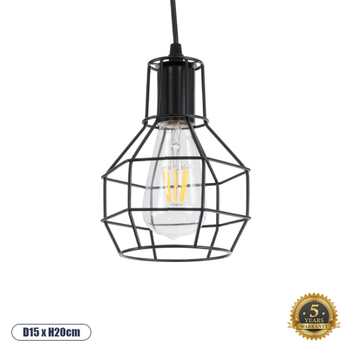 GLOBOSTAR® CAGE BLACK 01017 Vintage Κρεμαστό Φωτιστικό Οροφής με Ντουί 1 x E27 AC 220-240V IP20 - Μαύρο - Μ15 x Π15 x Υ20cm