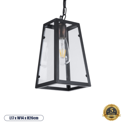 GLOBOSTAR® LIMA 01040 Vintage Κρεμαστό Φωτιστικό Οροφής με Ντουί 1 x E27 AC 220-240V IP20 - Μαύρο - Μ17 x Π14 x Υ26cm