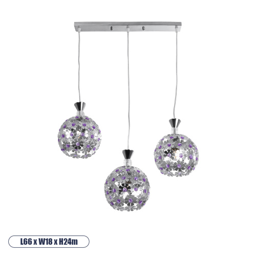 GloboStar® BOUQUET 01249 Μοντέρνο Κρεμαστό Φωτιστικό Μπάλα Τρίφωτο 3 x E27 IP20 Ασημί Μέταλλο με Μωβ Κρύσταλλο - Μ66 x Π18 x Υ24cm