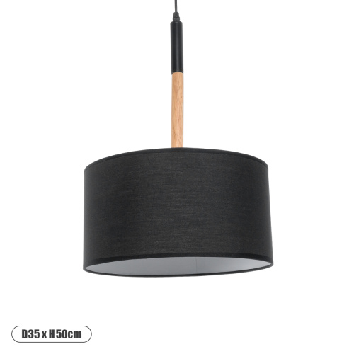 GloboStar® BRONX 01517 Μοντέρνο Κρεμαστό Φωτιστικό Καπέλο Μονόφωτο 1 x E27 IP20 Μαύρο Ύφασμα με Μπεζ Ξύλο - Μ35 x Π35 x Υ50cm