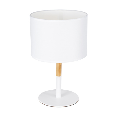 GloboStar® BRONX 01520 Μοντέρνο Επιτραπέζιο Φωτιστικό Πορτατίφ Μονόφωτο 1 x E27 IP20 Λευκό Μέταλλο, Μπεζ Ξύλο με Λευκό Ύφασμα - Μ25 x Π25 x Υ40cm