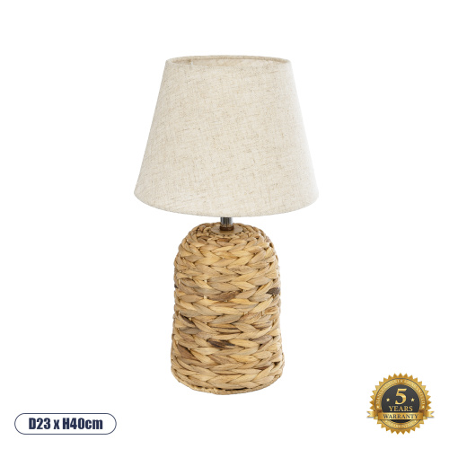 GloboStar® HOLOKAI 01960 Boho Επιτραπέζιο Φωτιστικό Πορτατίφ Μονόφωτο 1 x E27 IP20 Καφέ Raffia με Μπεζ Ύφασμα - Μ23 x Π23 x Υ40cm