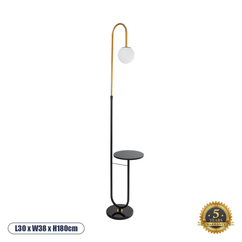 GloboStar® CORDELIA 02024 Μοντέρνο Επιδαπέδιο Φωτιστικό Μονόφωτο 1 x E27 IP20 Μαύρο & Χρυσό Μέταλλο, Λευκό Γυαλί με Μαύρο Μάρμαρο - Μ30 x Π38 x Υ180cm