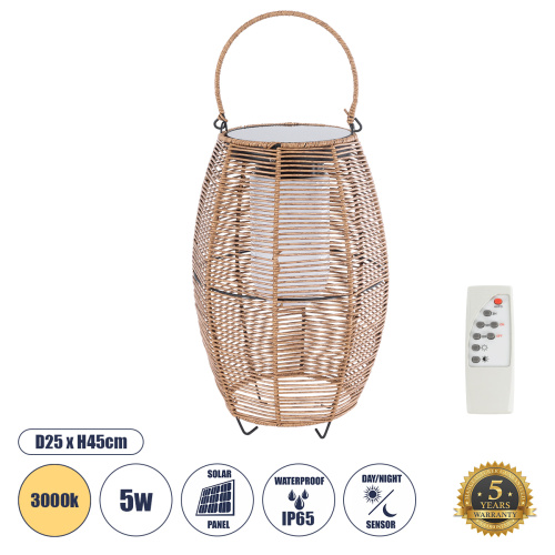 GloboStar® HESPELER 02305 Boho Αυτόνομο Ηλιακό Κρεμαστό/Επιτραπέζιο Φωτιστικό Πορτατίφ LED 5W 200lm 180° με Ενσωματωμένη Μπαταρία IP65 Θερμό Λευκό 3000K Μπεζ Ξύλο - Μ25 x Π25 x Υ45cm - 2 Χρόνια Εγγύηση