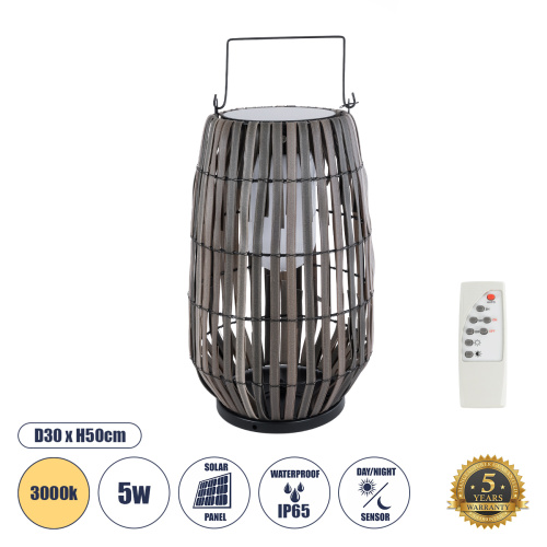 GloboStar® NETLEY 02306 Boho Αυτόνομο Ηλιακό Κρεμαστό/Επιτραπέζιο Φωτιστικό Πορτατίφ LED 5W 200lm 180° με Ενσωματωμένη Μπαταρία IP65 Θερμό Λευκό 3000K Γκρι Ξύλο - Μ30 x Π30 x Υ50cm - 2 Χρόνια Εγγύηση