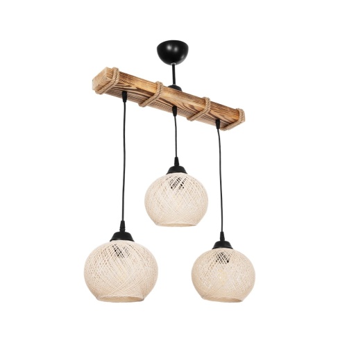 GloboStar® LUMA 201-0011 Vintage Κρεμαστό Φωτιστικό Ράγα Τρίφωτο 3 x E27 IP20 Μπεζ Ξύλο με Μπεζ Σχοινί - Μ55 x Π18 x Υ65cm
