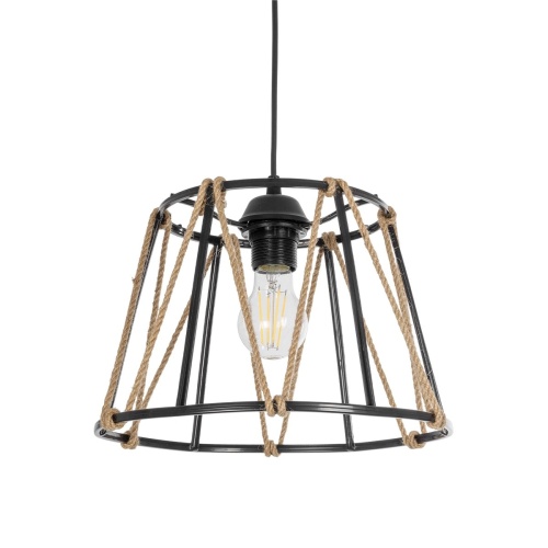 GloboStar® JUTE 203-0090 Μοντέρνο Κρεμαστό Φωτιστικό Σχοινί Μονόφωτο 1 x E27 IP20 Μαύρο Πλαστικό με Μπεζ Σχοινί - Μ30 x Π30 x Υ23cm