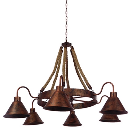 GloboStar® CAMELOT 01191 Vintage Κρεμαστό Φωτιστικό Ανάρτηση Πολύφωτο 6 x E27 IP20 Χάλκινο Μέταλλο με Μπεζ Σχοινί - Μ92 x Π92 x Υ118cm
