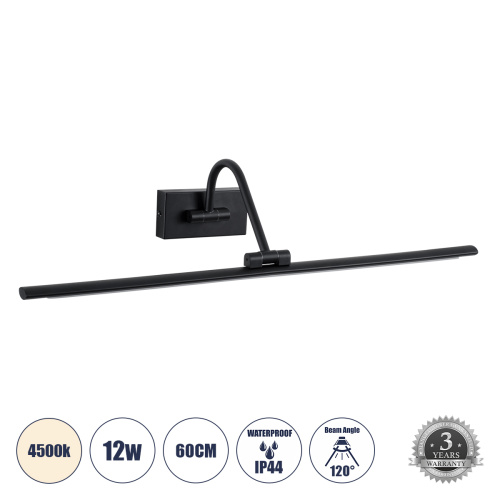 GLOBOSTAR® MIRA 60432 Μοντέρνο Φωτιστικό Τοίχου - Απλίκα Καθρέπτη Μπάνιου LED 12W 1400lm 120° AC 220-240V IP20 Φυσικό Λευκό 4500K - Bridgelux SMD Chip - Μαύρο Ματ - Μ60 x Π20 x Υ13cm - 3 Χρόνια Εγγύηση