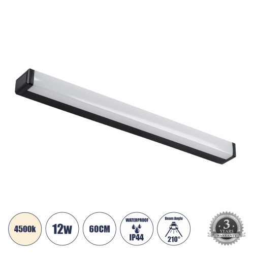 GLOBOSTAR® RENATA 60440 Μοντέρνο Φωτιστικό Τοίχου - Απλίκα Καθρέπτη Μπάνιου LED 12W 1400lm 180° AC 220-240V IP20 Φυσικό Λευκό 4500K - Bridgelux SMD Chip - Μαύρο Ματ - Μ60 x Π4 x Υ5.5cm - 3 Χρόνια Εγγύηση