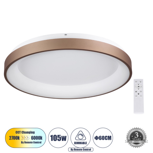 GloboStar® SALEM 61240 Πλαφονιέρα Οροφής Δαχτυλίδι-Κύκλος LED CCT 105W 12075lm 120° AC 220-240V - Εναλλαγή Φωτισμού μέσω Τηλεχειριστηρίου All In One Ψυχρό 6000k+Φυσικό 4500k+Θερμό 2700k Dimmable Φ60cm - Καφέ & Χάλκινο - 3 Years Warranty