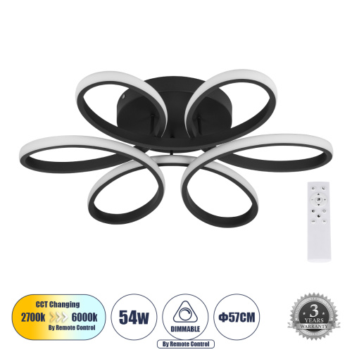 GLOBOSTAR® MARGARET 61400 Μοντέρνο Φωτιστικό Οροφής LED 54W 6210lm 360° AC 220-240V IP20 Ρυθμιζόμενο Λευκό CCT με Χειριστήριο από 2700K έως 6000K Dimmable - Lumileds SMD Chip - Μαύρο Ματ - Μ57 x Π57 x Υ12cm - 3 Χρόνια Εγγύηση