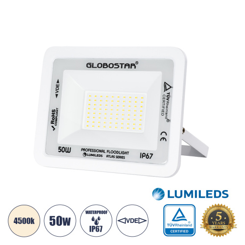 GloboStar® ATLAS 61420 Επαγγελματικός Προβολέας LED 50W 6000lm 120° AC 220-240V - Αδιάβροχος IP67 - Μ21 x Π3.5 x Υ16cm - Λευκό - Φυσικό Λευκό 4500K - LUMILEDS Chips - TÜV Rheinland Certified - 5 Years Warranty