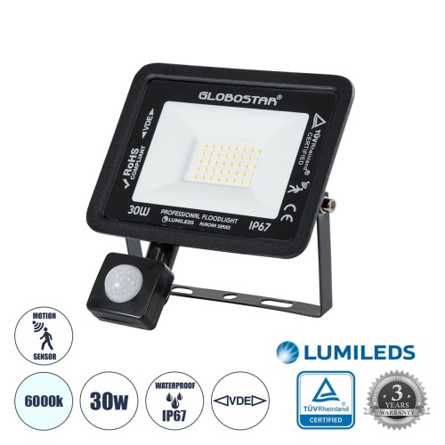 GloboStar® AURORA 61439 Επαγγελματικός Προβολέας LED 30W 3750lm 120° AC 220-240V με Ενσωματωμένο Ρυθμιζόμενο Αισθητήρα Κίνησης PIR - Αδιάβροχος IP67 - Μ16 x Π5 x Υ17.5cm - Μαύρο - Ψυχρό Λευκό 6000K - LUMILEDS Chips - TÜV Rheinland Certified - 3 Years Warranty