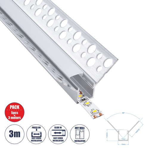 GloboStar® PLASTERBOARD-PROFILE 70836-3M Προφίλ Αλουμινίου - Βάση & Ψύκτρα Ταινίας LED με Λευκό Γαλακτερό Κάλυμμα - Χωνευτή Γωνιακή Χρήση σε Εσωτερική Γωνία Γυψοσανίδας - Trimless - Πατητό Κάλυμμα - Ασημί - 3 Μέτρα - Πακέτο 5 Τεμαχίων - Μ300 x Π3.1 x Υ1.3cm