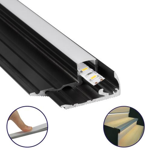 GLOBOSTAR® ALP-STEP-GRIP STAIR 70841-3M Επιφανειακό Προφίλ Αλουμινίου Ειδικό για Φωτισμό Σκαλοπατιού με Λευκό Γαλακτερό Πατητό Κάλυμμα για Ταινίες LED IP20 - Μαύρο - Μ300 x Π6 x Υ2.1cm