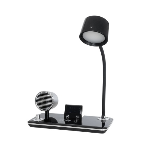 GLOBOSTAR® OLDY 76563 Μοντέρνο Επιτραπέζιο Φωτιστικό Γραφείου με Ασύρματη Φόρτιση 15W 3A, 5W Bluetooth Ηχείο & Ψηφιακό Ρολόι LED 3W 300lm 120° DC 5V με USB-C IP20 Ρυθμιζόμενο Λευκό CCT με Αφή 2700K/4500K/6000K Dimmable - Sanan SMD Chip - Μαύρο - Μ13 x Π25 x Υ38cm - 2 Χρόνια Εγγύηση
