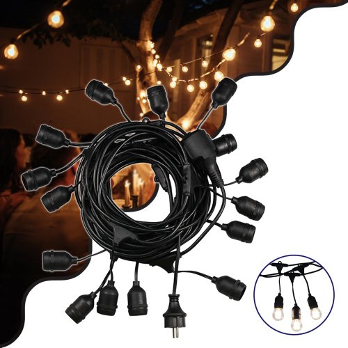 GLOBOSTAR® E27GARLAND 78984 Μοντέρνο Φωτιστικό Κήπου Γιρλάντα 15m με Ντουί 15 x E27 & Πρίζα Schuko Επεκτεινόμενη 90° AC 220-240V IP65 - Μαύρο - Μ1500 x Π92 x Υ16cm