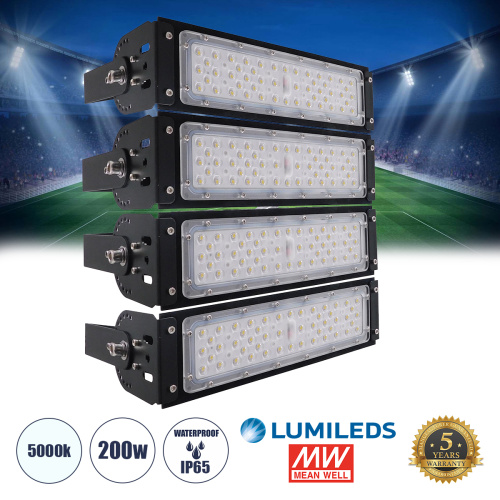 GLOBOSTAR® GOLIATH 90100-4 Προβολέας Γηπέδου LED 200W 32000lm SDCM<5 75°*135° Fish Eye Lens AC 100-277V Αδιάβροχο IP65 IK08 Ψυχρό Λευκό 5000K - LUMILEDs SMD Chip & MEANWELL Driver - Μαύρο Χυτό Αλουμίνιο - Μ32 x Π12 x Υ36cm - 5 Χρόνια Εγγύηση