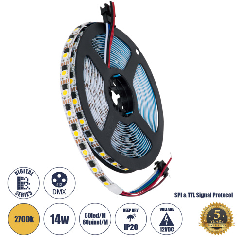 GLOBOSTAR® DIGIPRO 90603 Ψηφιακή Pixel Addressable Ταινία LED 14.4W/m 1296lm/m 120° DC 12V IP20 60 x SMD 5050 Chip/m 60 x Pixel/m Θερμό Λευκό 2700K Dimmable SPI/TTL Protocol IC TM1908 - Μ5000 x Π10 x Υ2mm - Ρολό 5 Μέτρων - 5 Χρόνια Εγγύηση