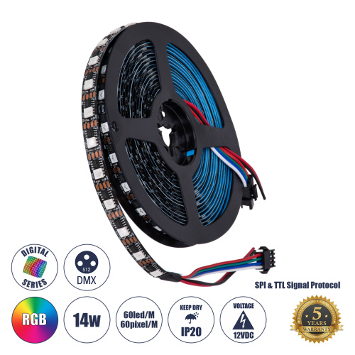GLOBOSTAR® DIGIPRO 90604 Ψηφιακή Pixel Addressable Ταινία LED 14.4W/m 1152lm/m 120° DC 12V IP20 60 x SMD 5050 Chip/m 60 x Pixel/m Πολύχρωμο RGB Dimmable SPI/TTL Protocol IC TM1812 - Μ5000 x Π10 x Υ2mm - Ρολό 5 Μέτρων - 5 Χρόνια Εγγύηση