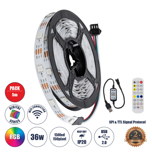 GLOBOSTAR® DIGISTRIP 90758 Σετ Ψηφιακής Pixel Addressable Ταινίας με RF Ασύρματο Χειριστήριο & Λειτουργία μέσω WiFi APP LED 36W/5m 2880lm/5m 120° DC 5V με USB 2.0 IP20 150 x SMD 5050 Chip/5m 150 x Pixel/5m Πολύχρωμο RGB Dimmable SPI/TTL Protocol - Μ500 x Π1 x Υ0.2cm - Ρολό 5 Μέτρων - 5 Χρόνια Εγγύηση