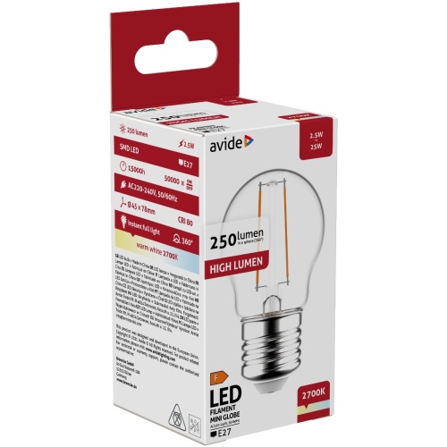 Avide LED Filament Στρογγυλή 2.5W E27 Θερμό 2700K
