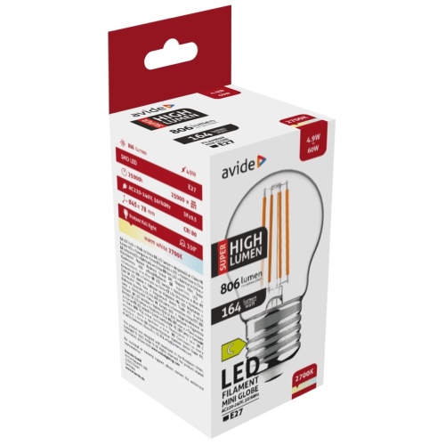 Avide LED Filament Σφαιρική 4.9W E27 Θερμό 2700K Super Υψηλής Φωτεινότητας