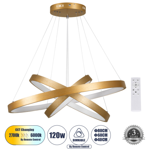 GLOBOSTAR® NEMESIS TRIO 61172-DECO Μοντέρνο Κρεμαστό Φωτιστικό Οροφής LED 120W 14723lm 360° AC 220-240V IP20 Ρυθμιζόμενο Λευκό CCT με Χειριστήριο από 2700K έως 6000K Dimmable - Lumileds SMD Chip - Χρυσό Βούρτσας - Μ80 x Π80 x Υ80cm - 3 Χρόνια Εγγύηση