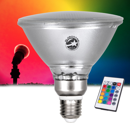 GLOBOSTAR® GARDENPAR 60233 Σποτ E27 PAR38 Σκληρού Υάλου με IR Ασύρματο Χειριστήριο LED 18W 1200lm 60° AC 220-240V Αδιάβροχο IP65 Πολύχρωμο RGB Dimmable - Μ12 x Π12 x Υ13cm - 3 Χρόνια Εγγύηση