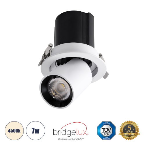 GLOBOSTAR® VIRGO-S 60302 Χωνευτό Κινούμενο Downlight Σποτ LED 7W 910lm 36° AC 220-240V IP20 Φυσικό Λευκό 4500K - Bridgelux COB Chip & TÜV SÜD Driver - Λευκό & Μαύρο Ματ - Μ9 x Π9 x Υ9cm / Q7.8cm - 5 Χρόνια Εγγύηση