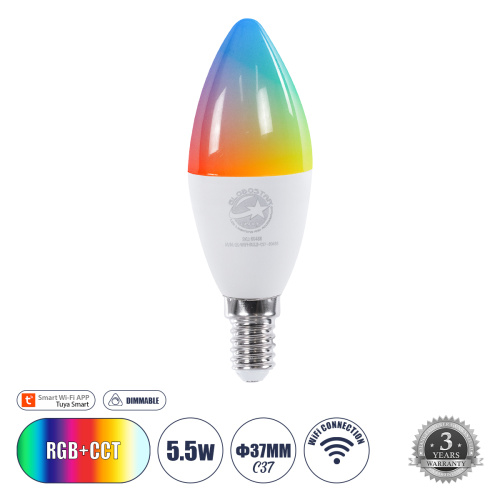 GLOBOSTAR® SMARTME 60488 Λάμπα Κεράκι E14 C37 Smart Home WiFi με Λειτουργία μέσω Tuya APP LED 5.5W 550lm 260° AC 220-240V IP20 Πολύχρωμο RGBW+WW Dimmable - Bridgelux Chip - Μ3.7 x Π3.7 x Υ11cm - 3 Χρόνια Εγγύηση