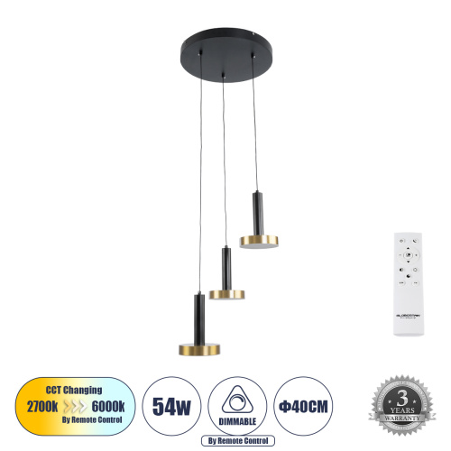 GLOBOSTAR® ZANE 60934 Μοντέρνο Κρεμαστό Φωτιστικό Οροφής LED 54W 6048lm 120° AC 220-240V IP20 Ρυθμιζόμενο Λευκό CCT με Χειριστήριο από 2700K έως 6000K Dimmable - Lumileds SMD Chip - Μαύρο Ματ & Χρυσό - Μ40 x Π40 x Υ20cm - 3 Χρόνια Εγγύηση