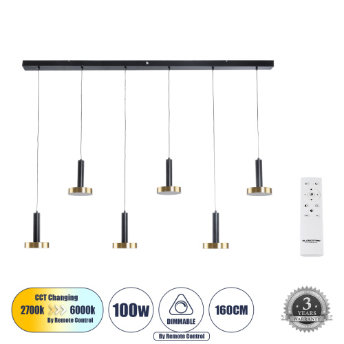 GLOBOSTAR® ZANE 60937 Μοντέρνο Κρεμαστό Φωτιστικό Οροφής LED 100W 11200lm 120° AC 220-240V IP20 Ρυθμιζόμενο Λευκό CCT με Χειριστήριο από 2700K έως 6000K Dimmable - Lumileds SMD Chip - Μαύρο Ματ & Χρυσό - Μ160 x Π15 x Υ20cm - 3 Χρόνια Εγγύηση