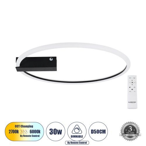 GLOBOSTAR® CINDERELLA 60980 Μοντέρνο Φωτιστικό Οροφής LED 30W 3360lm 360° AC 220-240V IP20 Ρυθμιζόμενο Λευκό CCT με Χειριστήριο από 2700K έως 6000K Dimmable - Lumileds SMD Chip - Μαύρο Ματ - Μ50 x Π50 x Υ5cm - 3 Χρόνια Εγγύηση