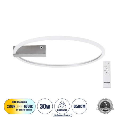 GLOBOSTAR® CINDERELLA 60983 Μοντέρνο Φωτιστικό Οροφής LED 30W 3360lm 360° AC 220-240V IP20 Ρυθμιζόμενο Λευκό CCT με Χειριστήριο από 2700K έως 6000K Dimmable - Lumileds SMD Chip - Νίκελ Βούρτσας - Μ50 x Π50 x Υ5cm - 3 Χρόνια Εγγύηση