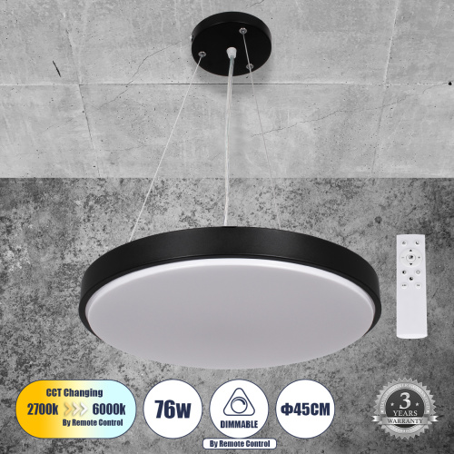 GLOBOSTAR® CASPER 61019 Μοντέρνο Κρεμαστό Φωτιστικό Οροφής LED 76W 8372lm 120° AC 220-240V IP20 Ρυθμιζόμενο Λευκό CCT με Χειριστήριο από 2700K έως 6000K Dimmable - Lumileds SMD Chip - Μαυρό Ματ - Μ45 x Π45 x Υ5.5cm - 3 Χρόνια Εγγύηση