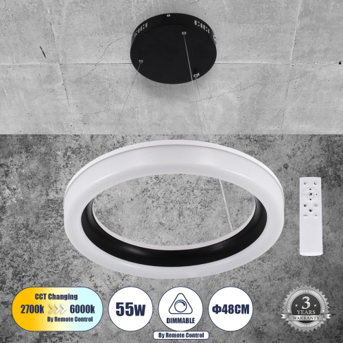 GLOBOSTAR® ARIANA 61037 Μοντέρνο Κρεμαστό Φωτιστικό Οροφής LED 55W 6376lm 120° AC 220-240V IP20 Ρυθμιζόμενο Λευκό CCT με Χειριστήριο από 2700K έως 6000K Dimmable - Lumileds SMD Chip - Μαυρό Ματ - Μ48 x Π48 x Υ6.5cm - 3 Χρόνια Εγγύηση