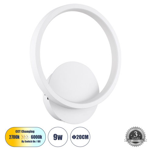 GLOBOSTAR® TED 61071 Μοντέρνο Φωτιστικό Τοίχου - Απλίκα LED 9W 1080lm 300° AC 220-240V IP20 Ρυθμιζόμενο Λευκό CCT με On/Off 2700K/4500K/6000K - Lumileds SMD Chip - Λευκό Ματ - Μ20 x Π5.5 x Υ23cm - 3 Χρόνια Εγγύηση