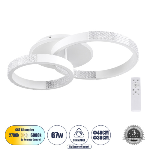GLOBOSTAR® DIAMOND 61112 Μοντέρνο Φωτιστικό Οροφής LED 67W 8078lm 360° AC 220-240V IP20 Ρυθμιζόμενο Λευκό CCT με Χειριστήριο από 2700K έως 6000K Dimmable - Lumileds SMD Chip - Λευκό Ματ - Μ60 x Π40 x Υ14cm - 3 Χρόνια Εγγύηση