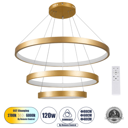 GLOBOSTAR® NEMESIS TRIO 61172 Μοντέρνο Κρεμαστό Φωτιστικό Οροφής LED 120W 14723lm 360° AC 220-240V IP20 Ρυθμιζόμενο Λευκό CCT με Χειριστήριο από 2700K έως 6000K Dimmable - Lumileds SMD Chip - Χρυσό Βούρτσας - Μ80 x Π80 x Υ80cm - 3 Χρόνια Εγγύηση