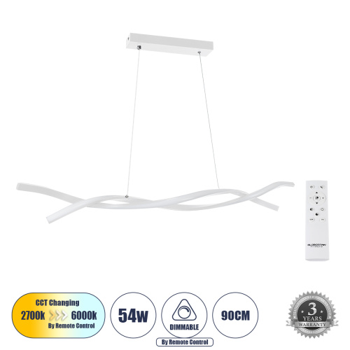 GLOBOSTAR® MORALES 61276 Μοντέρνο Κρεμαστό Φωτιστικό Οροφής LED 54W 6048lm 300° AC 220-240V IP20 Ρυθμιζόμενο Λευκό CCT με Χειριστήριο από 2700K έως 6000K Dimmable - Lumileds SMD Chip - Λευκό Ματ - Μ90 x Π14 x Υ14cm - 3 Χρόνια Εγγύηση