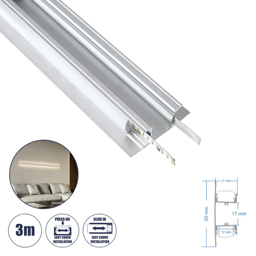 GLOBOSTAR® ALP-WALL-UPDOWN CONCEALED 70844-3M Επιφανειακό Προφίλ Αλουμινίου Ειδικό για Δημιουργία Κρυφού Φωτισμού Up & Down με Λευκό Γαλακτερό Πατητό Κάλυμμα για Ταινίες LED IP20 - Ασημί & Λευκό - Μ300 x Π5 x Υ1.7cm